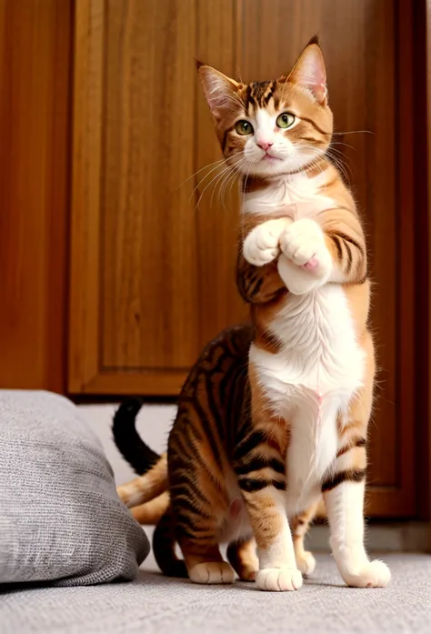 cat standing on its hind legs、1 kitten、anime、cute cat、brown hair、young cat、wearing clothes、anthropomorphic cat