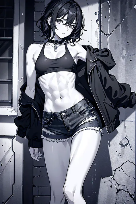 lineart, monochrome, ((medium breast, tomboy girls, small head)), (chiseled abs : 1.1), (perfect body : 1.1), (short wavy hair : 1.2) , black hair, collar, chain, full body shot, crowded street, wearing black tanktop, jeans jacket, ((shorts)), (extremely d...