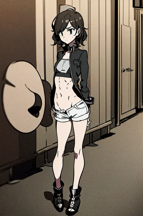 lineart, monochrome, ((medium breast, tomboy girls, small head)), (chiseled abs : 1.1), (perfect body : 1.1), (short wavy hair : 1.2) , black hair, collar, chain, full body shot, crowded street, wearing black tanktop, jeans jacket, ((shorts)), (extremely d...