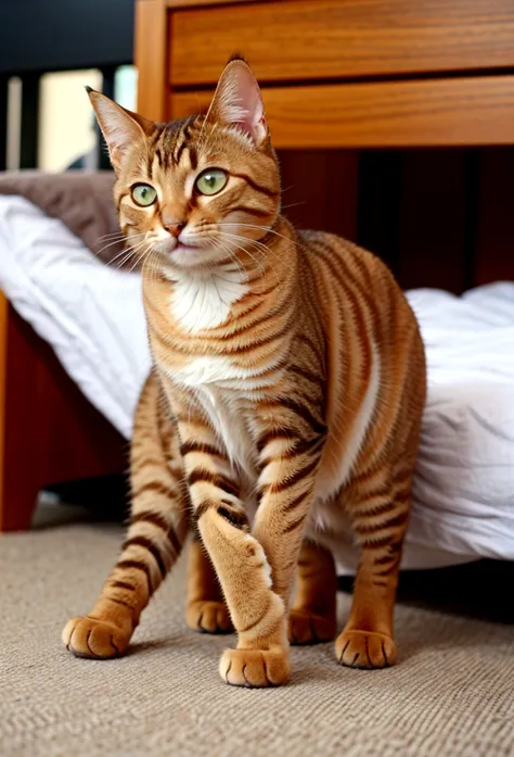 cat standing on its hind legs、kitten、anime、cute cat、brown tabby、young cat、wearing clothes、anthropomorphic cat、dancing