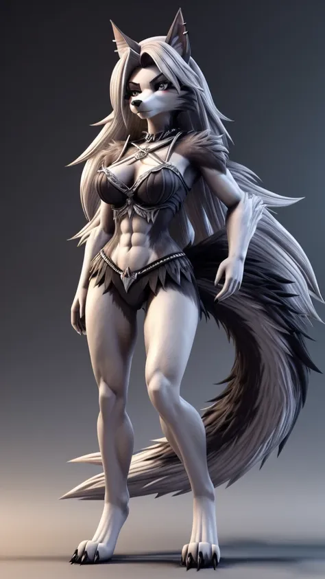 Loona from Helluva Boss, female wolf, anthro, white hair, grey eyes, mature adult, tall, muscular, fluffy body, design based on Monster Girl Encyclopedia Hellhound, based of Hellhound (Monster Girl Encyclopedia), maiden, slim, standing, serious, detailed, ...