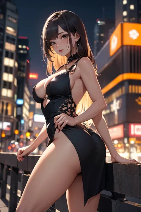 masterpiece, best quality, shadows, perfect hands, perfect legs, perfect anatomy, pretty face, mature features, 1 girl, 21 years old, mature woman, sexy black dress, city night background, white long hair, thighs, ass, breast, seductive, spicy, posing, cin...