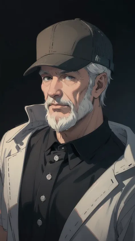 ((best quality)), ((masterpiece)), (detailed), one man, beard, trucker cap on head. bold, friendly face, black shirt, older man, villager, portrait picture, standing neutral