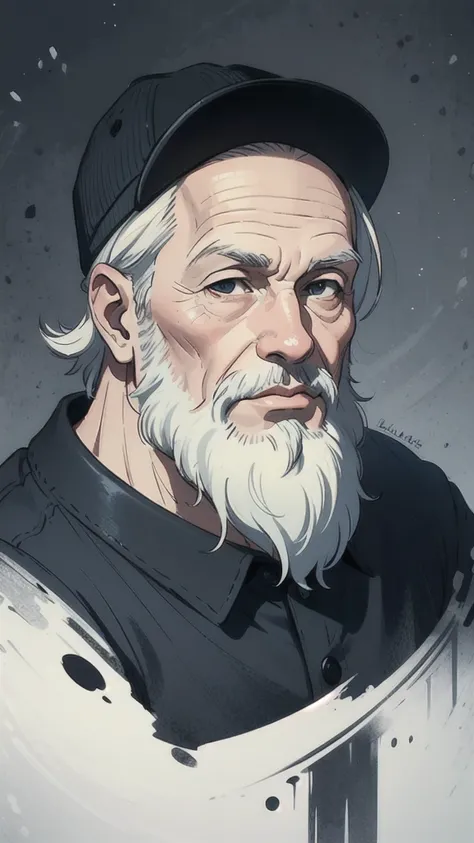 ((best quality)), ((masterpiece)), (detailed), one man, beard, trucker cap on head. bold, friendly face, black shirt, older man, villager, portrait picture, standing neutral