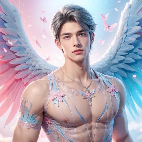 Handsome boy, gray hair, blue eyes, blue and pink wings