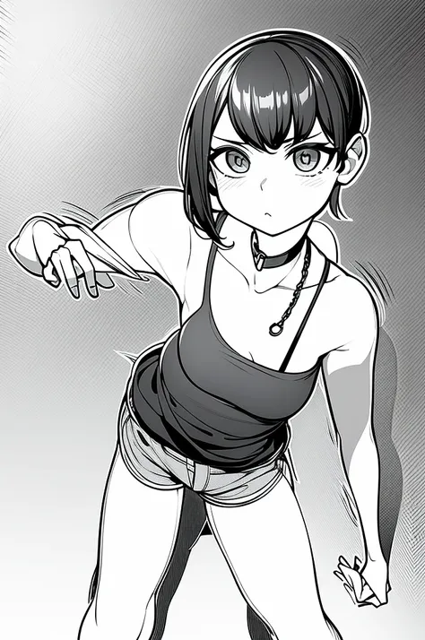 lineart, monochrome, ((medium breast, tomboy girls, small head)), (chiseled abs : 1.1), (perfect body : 1.1), (short wavy hair : 1.2) , black hair, collar, chain, full body shot, crowded street, wearing black tanktop, jeans jacket, ((shorts)), (extremely d...