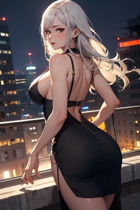 masterpiece, best quality, shadows, perfect hands, perfect legs, perfect anatomy, pretty face, mature features, 1 girl, 21 years old, mature woman, sexy black dress, city night background, white long hair, thighs, ass, breast, seductive, spicy, posing, cin...