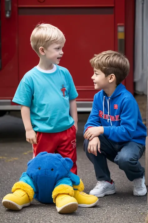 Little yellow bear in a red jacket, talking to a boy with blond hair in a red T-shirt and blue shorts.  real photo,realistic 