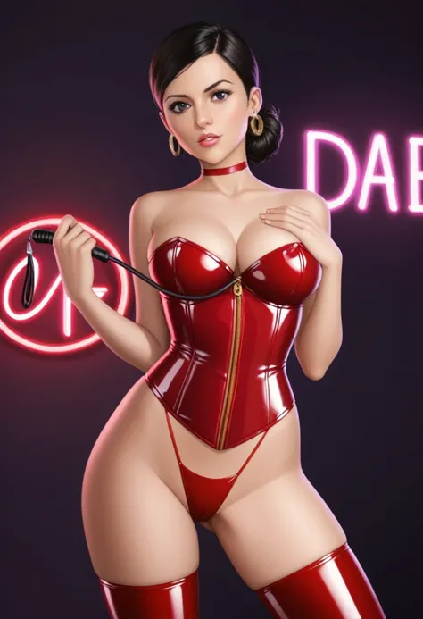 score_9_up, score_8_up, score_7_up, 1girl, solo, mature female, ((Debbie Grayson)), black tied hair, black eyes, pink lips, parted lips, fit slim body, ((perfect medium erected breast)), (((red tight latex corset, red latex thong, red latex stockings, red ...