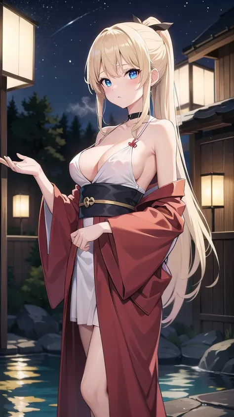 beatrixamerhauser, beatrix amerhauser, long hair, blue eyes, blonde hair,ponytail, (medium breast:1.2), BREAK japanese clothes,red kimono,wet kimano, yukata,cleavege,neckline,black choker, BREAK looking at viewer, BREAK outdoors, onsen,night,steam,wet,star...