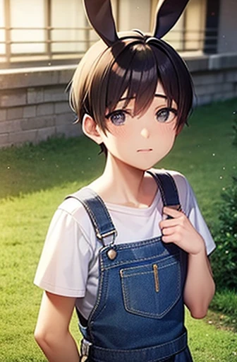 New boy, wearing denim overalls, bunny ears, lovely gaze, chest showing, in front of your house, A place, overcast day, best qualityer, anime styling
