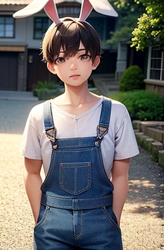 New boy, wearing denim overalls, bunny ears, lovely gaze, chest showing, in front of your house, A place, overcast day, best qualityer, anime styling
