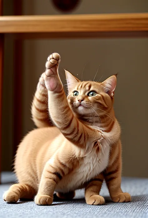 cat standing on its hind legs、1 kitten、anime、cute cat、brown hair、young cat、wearing clothes、anthropomorphic cat