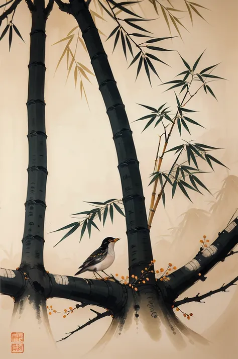 shukezouma, shuimobysim, ((starling)), willow branches, (masterpiece, best quality: 1.2), ((Traditional Chinese ink painting)), model style, bamboo branches, bamboo, wuchangshuo, red, orange, black, fire, starling, bird