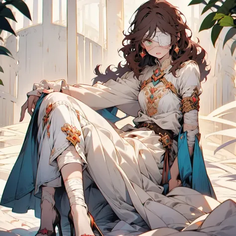 ((1girl)) ((princess)) ((bandages)) ((eye patch))

long curly brunette hair, she has pale skin, with green eyes, she wears banda...