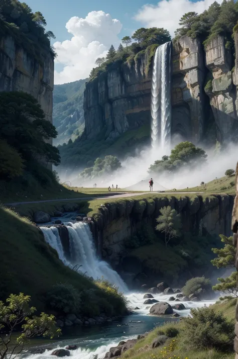 Masterpiece, ultimate quality, Cg unity 8k wallpaper, super delicate, beautiful sky and clouds, rich natural scenery, cliffs, lakes and rivers, waterfalls and flying water, beautiful green mountains, no trace of people, excellent scenery, has already won a...