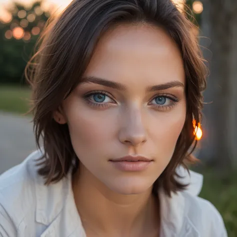 femme brune yeux bleu qui pose devant un coucher de soleil prise de vu loins de la femme ultra realiste, elle regarde pas la camera