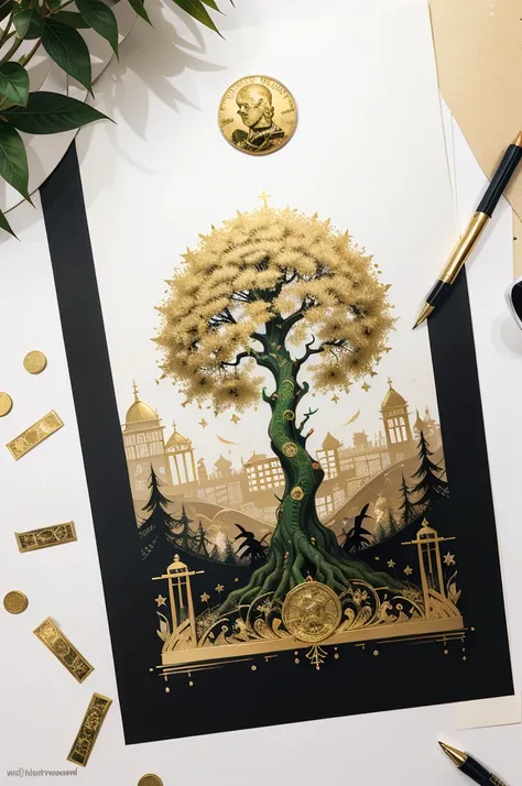 1sticker，a sticker， Nikkaze，（A tree full of gold coins），(Brilliant décor)，（Fortune cicada），（Traditional coats of arms），gold coins，Golden branches and jade leaves，Background brushstrokes in ink style，water ink， white backgrounid， nothing background， simple ...