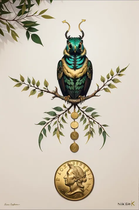 1sticker，a sticker， Nikkaze，（A tree full of gold coins），(Brilliant décor)，（Fortune cicada），（Traditional coats of arms），gold coins，Golden branches and jade leaves，Background brushstrokes in ink style，water ink， white backgrounid， nothing background， simple ...