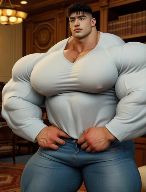 1boy, giant, alone, giant bodybuilder, wet, illuminating light, strong body, bulk, large size, stay in the bookshelf room, indoor, wear white henley shirt and jean pants, massive bulge, bulge, extraordinary big, brutalmass, giant muscular body, bulk, buff,...