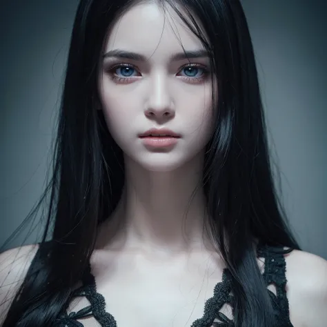 Beautiful girl with realistic black eyes, pale skin, Long black hair, perfect face, perfect eyes, very detailed, comprehensive movie, cinematic lighting, highest quality, High resolution, Post-processing, perfect result, surreal