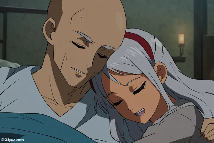 dibujo anime style, a man and a woman asleep on each other&#39;s shoulders, anime style, a bald man, a woman with long white hair and dark skin