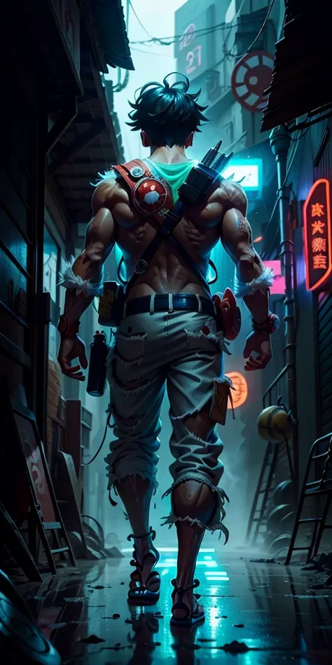 3D illustration(((jackson))), Japanese anime「one piece」the protagonist of, Monkey D. Luffy, Armed with the latest protective gear, Beach sandals on your feet(((must)))The outline glows like a neon light, Running through a collapsing research facility in th...