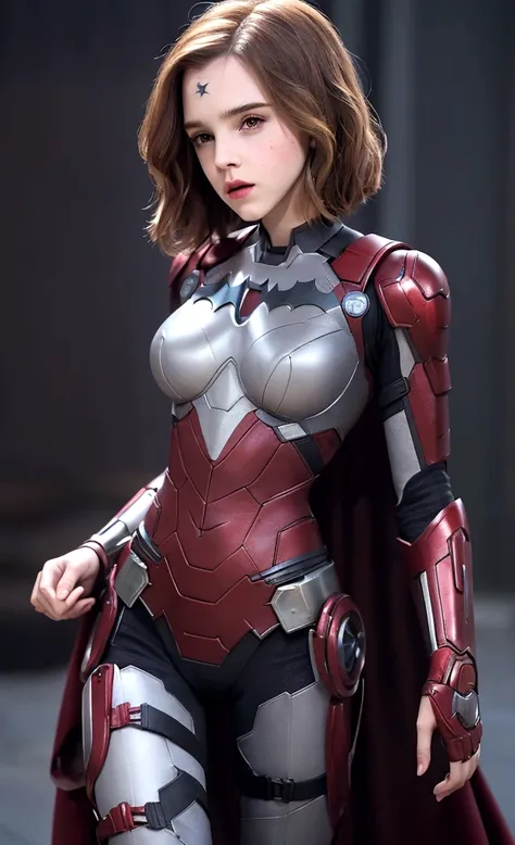 1girl, Merge Emma Watson mix Scarlett Johansson, (big breasts sticking out:2, small waist, medium hips), gray color slim fit ironman dressed, red color slim fit batman armor, black color wonder-woman dressed armor