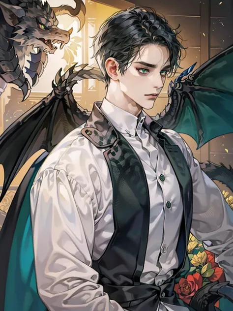 1boy, male, human, dark skin, long black hair, green eyes, black dragon scales, black dragon horns, black dragon wings, narrowed eyes, cat pupils, close up, high quality, masterpiece, 