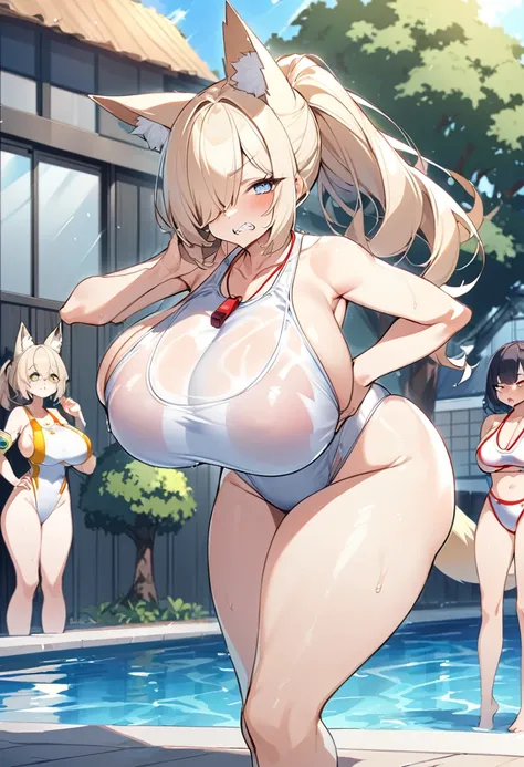 Highest quality、One Woman、Fox ears、Light blonde、ponytail、One eye is covered by hair、Huge breasts:1.5、sagging breast、Lifesaver、White competitive swimsuit、((tsurime,Tree Eyes))、Blue Eyes、Poolside、Outdoor、Summer sunshine、Wear a red whistle around your neck、ha...