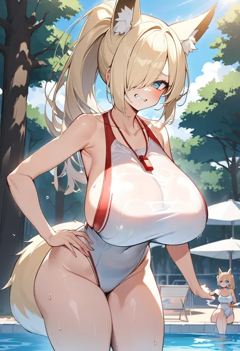 Highest quality、One Woman、Fox ears、Light blonde、ponytail、One eye is covered by hair、Huge breasts:1.5、sagging breast、Lifesaver、White competitive swimsuit、((tsurime,Tree Eyes))、Blue Eyes、Poolside、Outdoor、Summer sunshine、Wear a red whistle around your neck、ha...