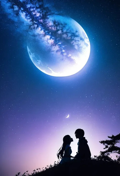  mate piece, silhouette, Milky Way, Orihimes, close-up, profile, monotony, moon, double exposure, Milky Way, Tanabata decoration, depth of field, (holographic glow effect), from below, low angle shot, masterpiece,