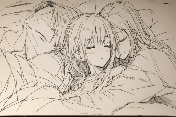 anime drawing, sketch, a man and a woman asleep on each other&#39;s shoulders, anime style, a bald man, a woman with long white hair and dark skin