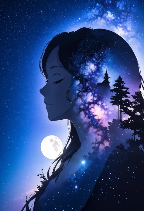 mate piece, silhouette, milky way, orihime's, close-up, profile, monotony, moon, double exposure, milky way, tanabata decoration...