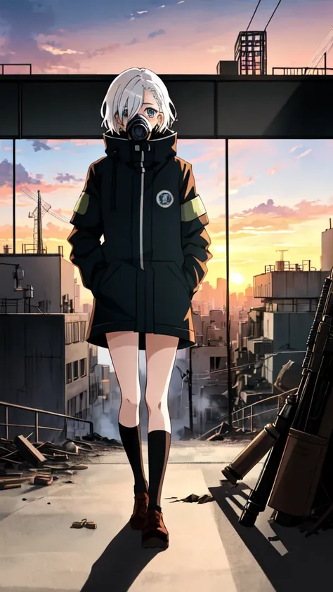 
a 20 year old girl, from the anime jujutsu kaisen, full body, from head to toe, short white hair, one eye blue and the other brown, with a detailed gas mask on her face, beautiful, full body, with a sniper, with a destroyed city in the background at sunse...