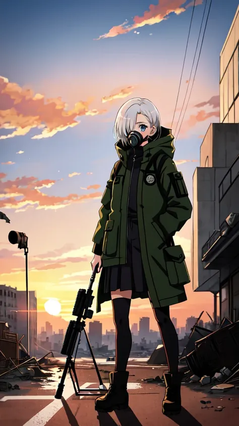 
a 20 year old girl, from the anime jujutsu kaisen, full body, from head to toe, short white hair, one eye blue and the other brown, with a detailed gas mask on her face, beautiful, full body, with a sniper, with a destroyed city in the background at sunse...