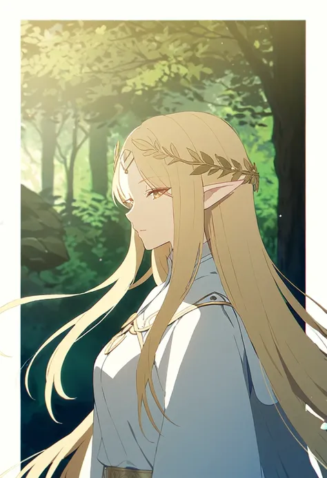 Elf girl, long blond straight hair, white long robe with gold designs, Healer, wreath on his head, forest background