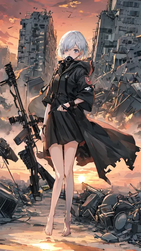 
a 20 year old girl, from the anime jujutsu kaisen, full body, from head to toe, short white hair, one eye blue and the other brown, with a detailed gas mask on her face, beautiful, full body, with a sniper, with a destroyed city in the background at sunse...