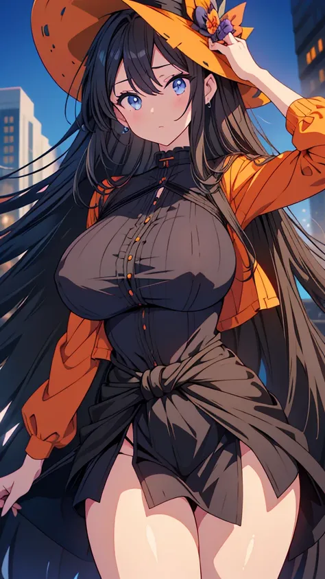 best quality, extremely detailed, anime style adult 1girl, long hair down to the waist, straight hair, ((dark black hair with bluish)), beautiful detailed eyes, pinched eyes, dark blue eyes, huge breasts,curvy,Halloween like clothing,Clothes with a lot of ...