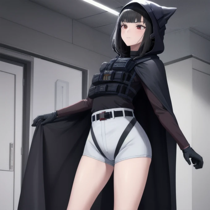 solo, 1girl, dnikke, long sleeves, hood up, black shirt, gloves, shorts, cloak, cape, belt, tactical clothes, room, standing