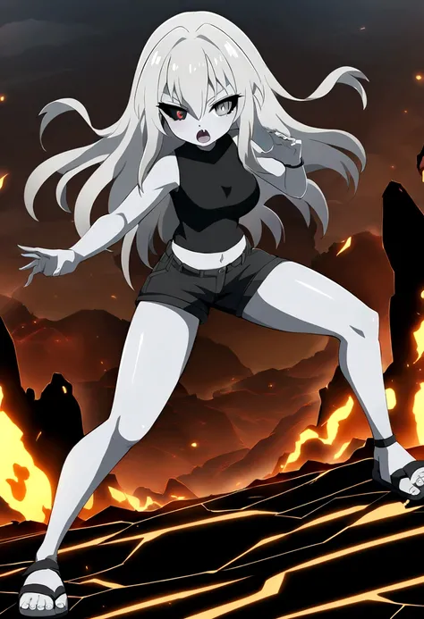 anime style girl 1,70 long light gray hair gray skin shark teeth and eyes with black sclera gray irises and light gray pupils very thick and strong legs but no breasts doing a combat stance in a combat arena surrounded by lava while dressed in a thick blac...