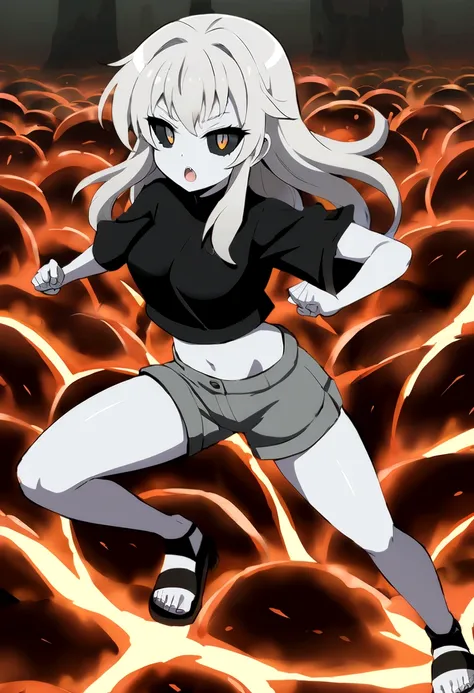 anime style girl 1,70 long light gray hair gray skin shark teeth and eyes with black sclera gray irises and light gray pupils very thick and strong legs but no breasts doing a combat stance in a combat arena surrounded by lava while dressed in a thick blac...