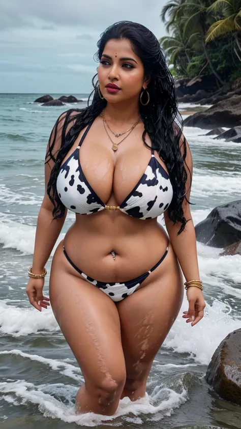 full body picture , BBW Wet curvy, wet Desi MOMMY showing her big ass  in sexy sexy thong cow pattern bikini and showing cleavage and in nose ring, many bangles in hands,earings, necklace ,lipstick ,navel,Indian, Chubby, showing her curves in sea water, se...