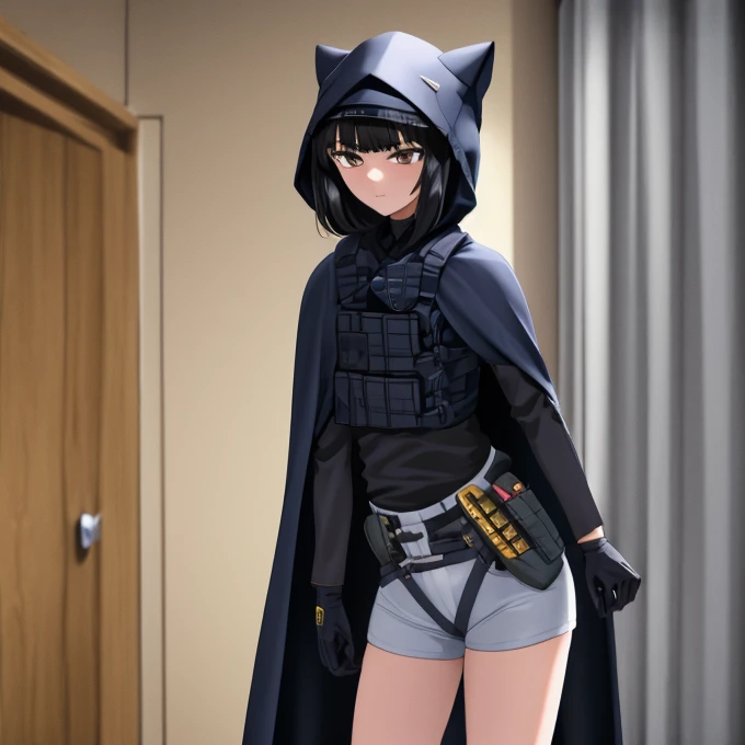 solo, 1girl, dnikke, long sleeves, hood up, black shirt, gloves, shorts, cloak, cape, belt, tactical clothes, room, standing