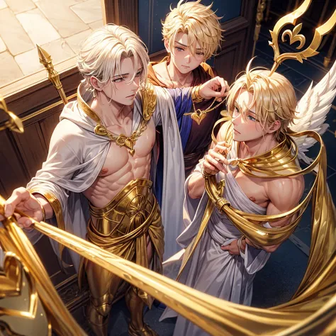 Make me a blond man wearing the robes of a Greek god He was Cupid so Make him with a grand, golden bow with heart details He will follow a clasp whose tip has a golden heart 

Em suas roupas tem detalhes vermelhos 