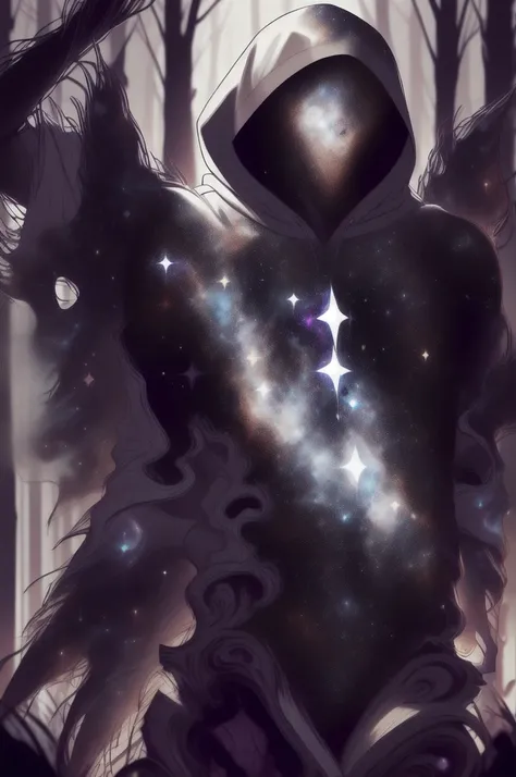 dark celestialskin body , void cosmic body, colored skin, flat color, jet black skin, a white cloak, hood on, holding an open book infront of him, silhouette,1boy, 
portrait, upper body,in a forest , front view, holding a book, a flying book, flying pages.