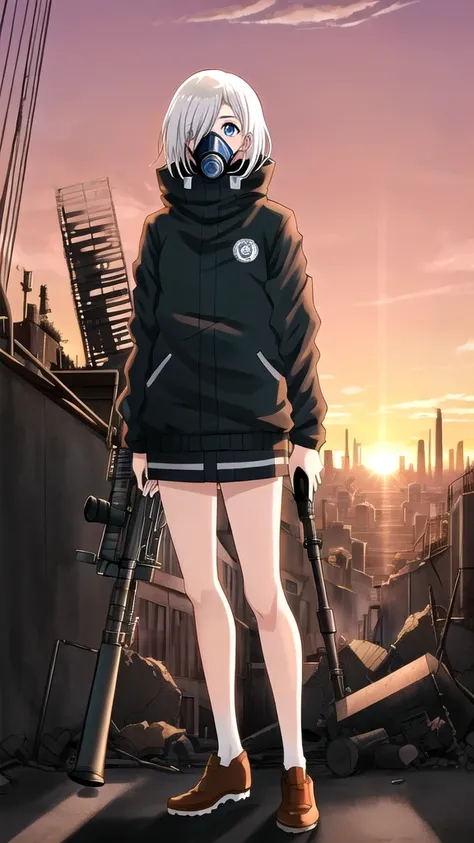 
a 20 year old girl, from the anime jujutsu kaisen, full body, from head to toe, short white hair, one eye blue and the other brown, with a detailed gas mask on her face, beautiful, full body, with a sniper, with a destroyed city in the background at sunse...