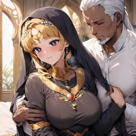 ((Highest quality)), ((masterpiece)), (detailed), （Perfect Face）、The woman is Tsukino Usagi, an Arab and devout Muslim with vivid brown skin, and is wearing a gorgeous black abaya with gold embroidery, a gorgeous black hijab that is tightly covered, a gorg...