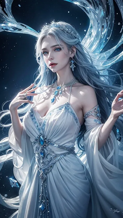 ice World　Fantasy　Middle-aged ice witch　Blue Eyes　Cold gaze　Long white wavy hair　Beautifully decorated long dress in blue　Gorgeous necklace　Gorgeous earrings　Ice wand　Raise your hands and cast ice magic