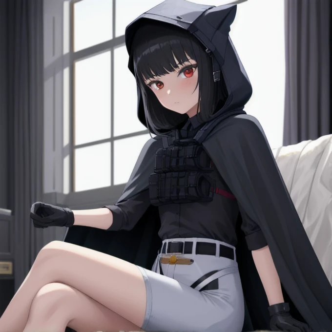 Solo, 1girl, dnikke, long sleeves, hood up, black shirt, gloves, shorts, cloak, cape, belt, tactical clothes, room, sitting 